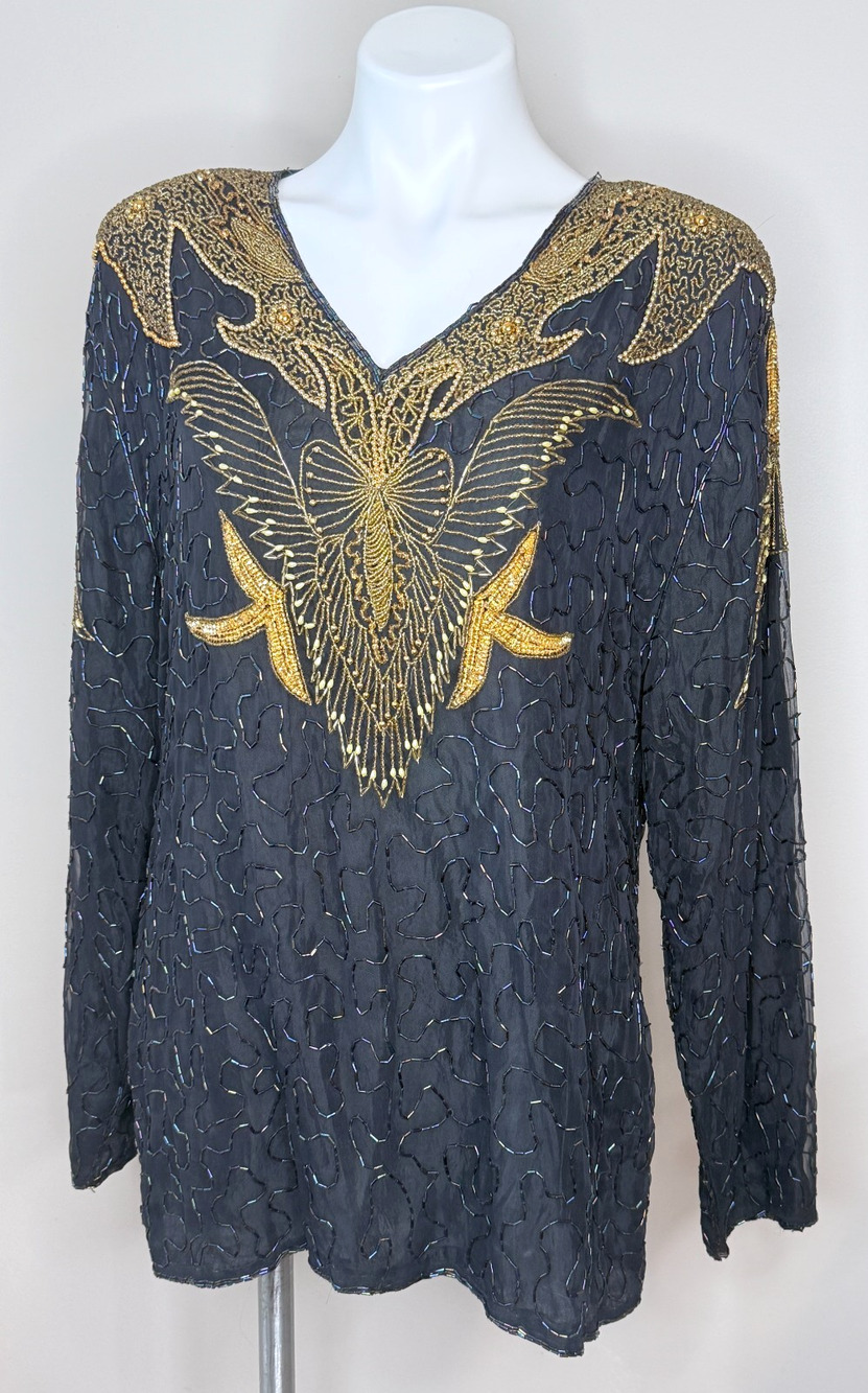 Vtg. Gunit Navy with Gold Beading Silk Blouse Size M
